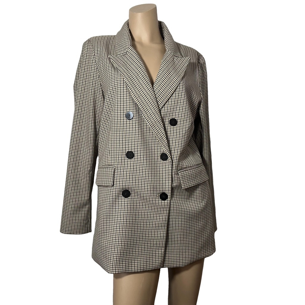 Joie Wool Blend Houndstooth Brown Blazer Double Breasted Pockets Large Outerwear